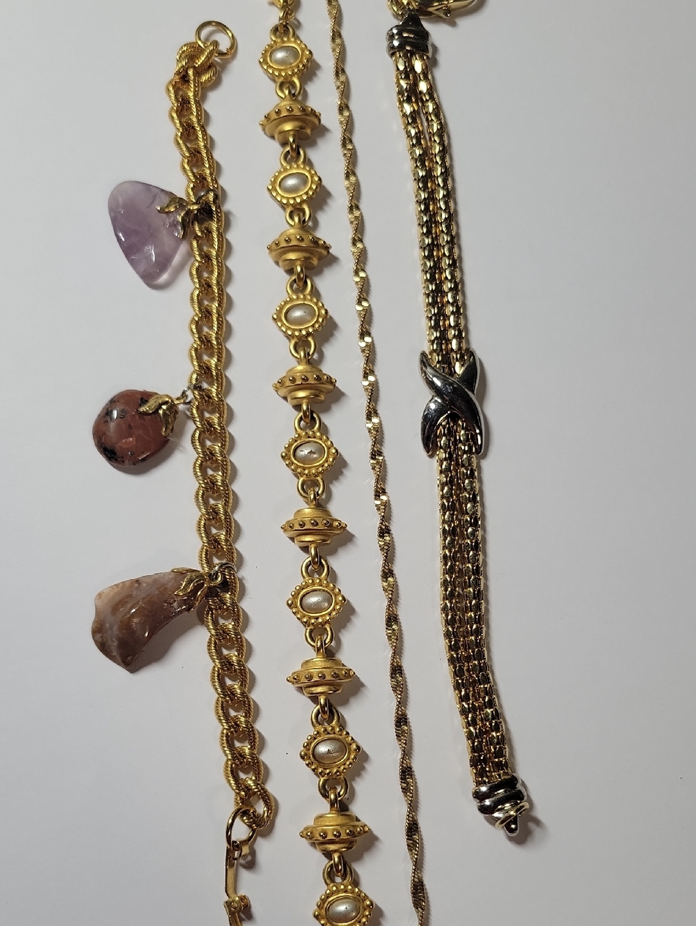 Gold Tone and Mixed Stone Women's Bracelet Set - And Pink Accents